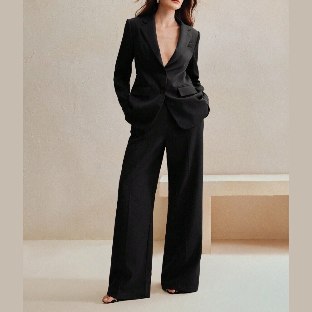 Black Woven Notched Lapel Blazer and Extra Long Wide Leg Trouser Set
